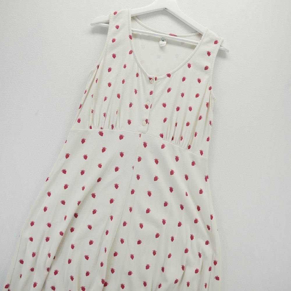 Kate Quinn Strawberry Print Organic Cotton Ribbed Midi Dress Cream Red Small